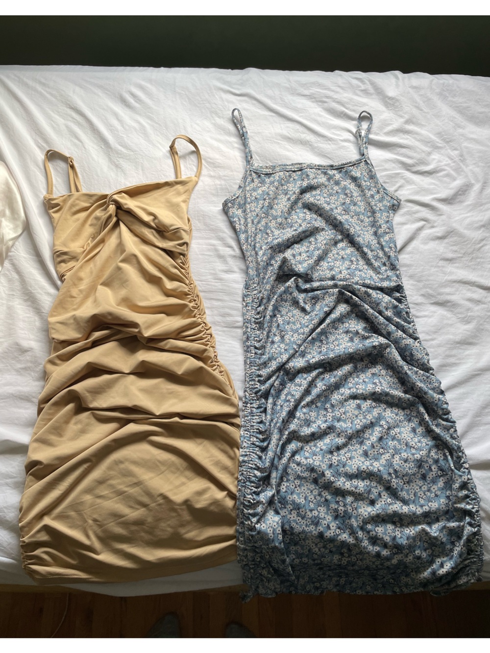 SHEIN Beige Ruched Spaghetti Strap Dress & SHEIN Blue Floral Slip Dress